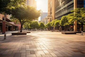 Empty urban plaza with vacant street pavement at city center. Generative AI - obrazy, fototapety, plakaty