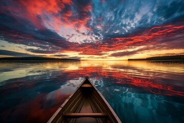 A breathtaking photo of a small boat gliding through crimson skies and majestic clouds. Generative AI