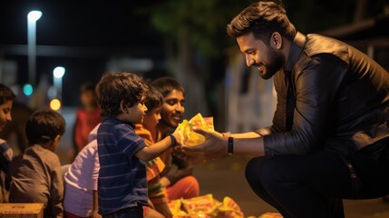 Man sharing the food with children in the evening street - obrazy, fototapety, plakaty