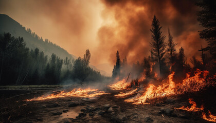 Burning forest fire destroys natural landscape, leaving destruction and ash generated by AI
