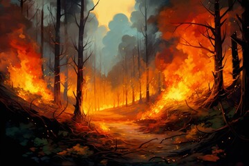 Fire blazing through the forest. Generative AI