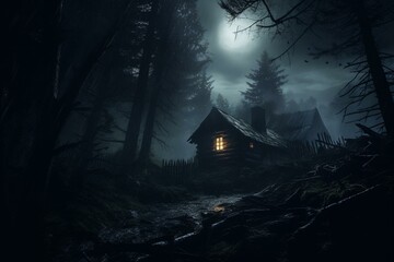An eerie cabin in a eerie forest at night during a stormy weather. A creepy wooden hut. Generative AI