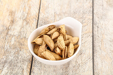 Shelled dry almond nut heap