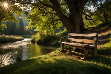 Fototapeta na wymiar bench in park, An inviting bench nestled beneath the shade of an ancient oak tree, positioned beside a meandering river.