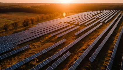 Sunset illuminates modern factory, equipment and transportation in rural landscape generated by AI