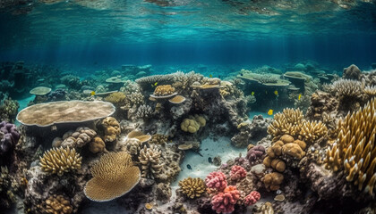 Colorful underwater landscape teeming with aquatic animals and coral colony generated by AI