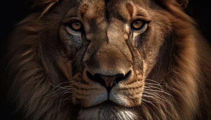 Fotobehang Majestic lion staring at camera, showcasing strength in wilderness area generated by AI © Stockgiu