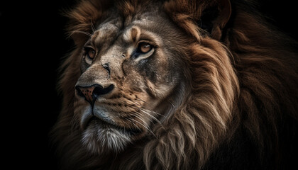 Naklejka premium Majestic lion staring at camera, showcasing strength and beauty generated by AI