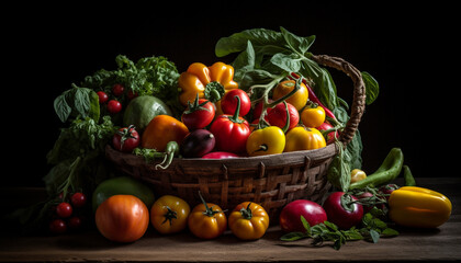 Fresh organic vegetable salad in wicker basket on black background generated by AI