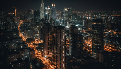 Fototapeta na wymiar Glowing city skyline at dusk, a modern urban masterpiece generated by AI