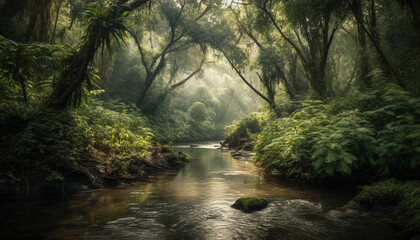 Fototapeta premium Tranquil scene of a tropical rainforest with flowing water and ferns generated by AI