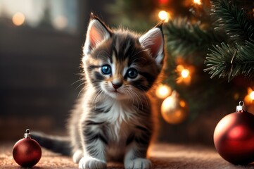 Adorable kitten playing with christmas bauble on background of christmas tree and ornaments in warm illumination lights. Cozy winter holidays, Merry Christmas and happy new year