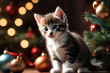 Fototapeta na wymiar Adorable kitten playing with christmas bauble on background of christmas tree and ornaments in warm illumination lights. Cozy winter holidays, Merry Christmas and happy new year