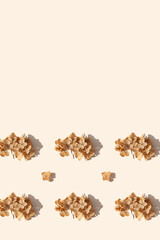 Dried hydrangea flower on a beige background with a long shadows. Autumn season minimal wallpaper concept. Copy space. Space for text
