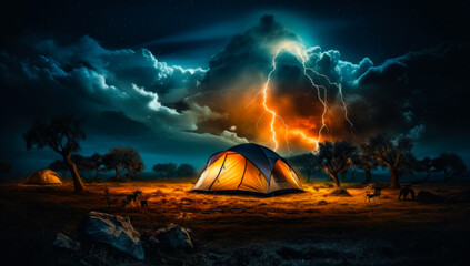 A tent in the middle of a field with a lightning in the sky