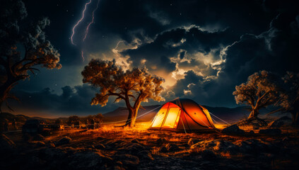 A tent in the middle of a field with lightning in the background