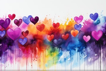 Multicolored watercolor hearts on a background of pink clouds, valentine, wedding invitation, banner