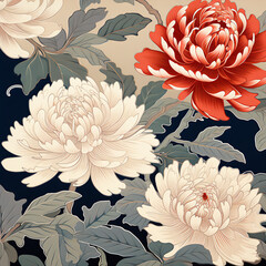 Vintage Japanese Ukiyoe Art: Minimalistic Flower Pattern in Seamless Vector Paper Art Style