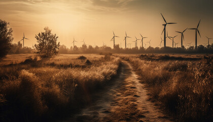Obraz premium Wind turbines turning in a row, powering sustainable resources at sunset generated by AI