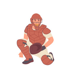 Professional baseball player male catcher cartoon character with glove isolated on white background