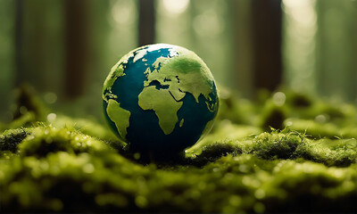 Obraz na płótnie Canvas Planet Earth on forest ground with moss for eco-friendly and Earth day concept.