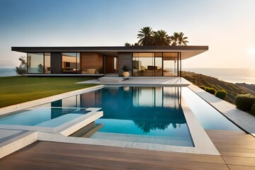 Fototapeta premium modern living room with a beautiful view, neutral color scheme living room, idea for home, room