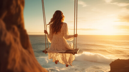 A woman sitting on a swing in front of the ocean and admiring the sunset , summer vibes