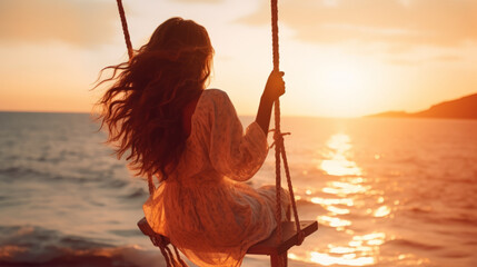 A woman sitting on a swing in front of the ocean and admiring the sunset , summer vibes - Powered by Adobe
