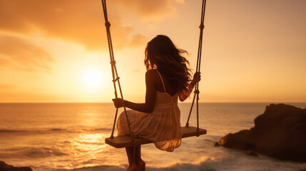 A woman sitting on a swing in front of the ocean and admiring the sunset , summer vibes