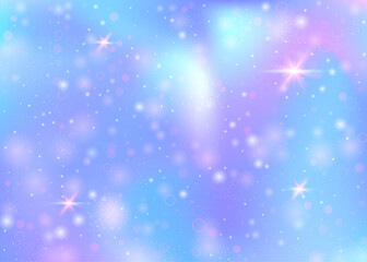 Fototapeta na wymiar Unicorn background with rainbow mesh. Cute universe banner in princess colors. Fantasy gradient backdrop with hologram. Holographic unicorn background with magic sparkles, stars and blurs.