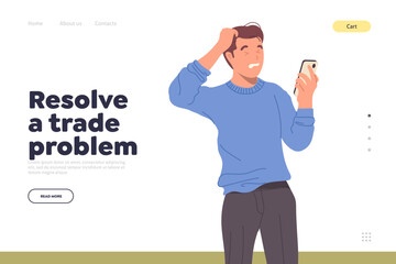Online virtual help service offering resolve trade problem landing page with frustrated man investor