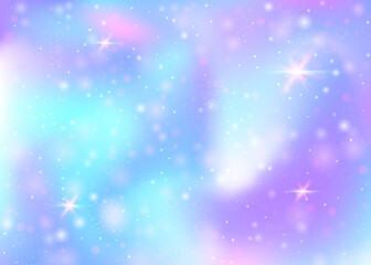 Holographic background with rainbow mesh. Trendy universe banner in princess colors. Fantasy gradient backdrop with hologram. Holographic magic background with fairy sparkles, stars and blurs.