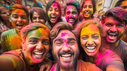 Happy group of Indian people celebrating Holi the Hindu Festival of Colours, Love and Spring