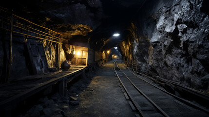 Fototapeta na wymiar Inside a low and narrow modern coal mine gallery