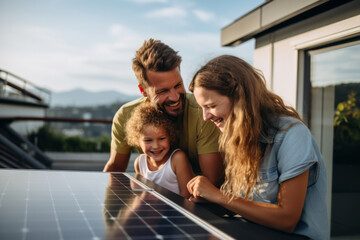 Happy looking family admiring their just installed solar panel at home