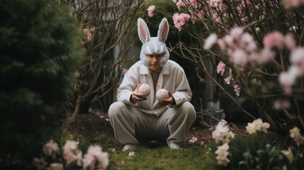 Man costumed in easter bunny hiding eggs in a garden