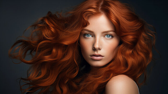 Isolated woman with copper-colored hair with a hint of coppery glow