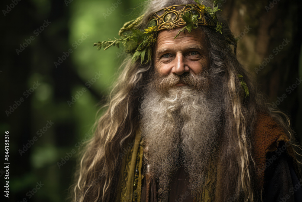 Wall mural Man druid healer portrait in forest next to a tree - Wall murals