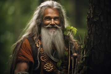 Man druid healer portrait in forest next to a tree