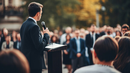 Man politician doing a speech outdoor in front of a crowd of members of a political party
