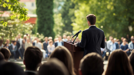 Man politician doing a speech outdoor in front of a crowd of members of a political party - obrazy, fototapety, plakaty
