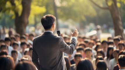 Asian man politician doing a speech outdoor in front of a crowd of members of a political party in asia - obrazy, fototapety, plakaty