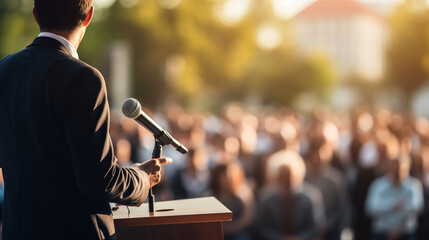 Man politician doing a speech outdoor in front of a crowd of members of a political party