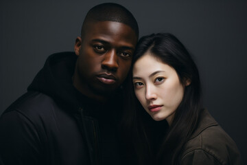 Portrait of a happy mixed couple with a black african man and asian chinese woman