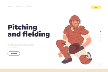 Baseball pitching and fielding concept for landing page template with sportsman playing game design