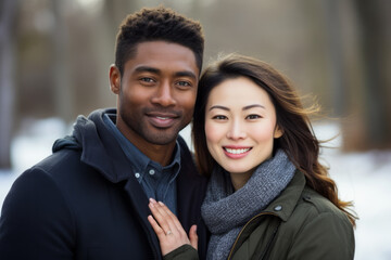 Portrait of a happy mixed couple with a black african man and asian chinese woman - Powered by Adobe