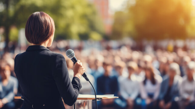 Woman politician doing a speech outdoor in front of a crowd of members of a political party