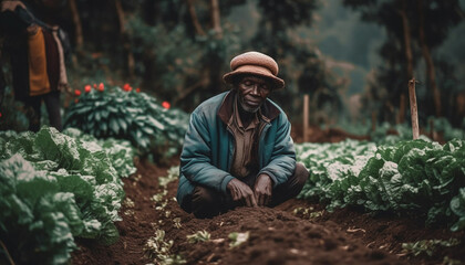 Naklejka na ściany i meble One man, a farmer, working outdoors in a rural scene generated by AI