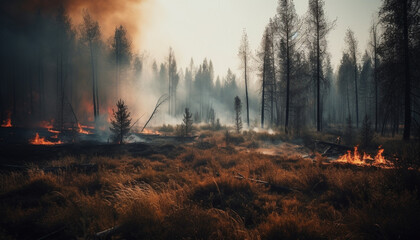 Spooky dusk reveals inferno, burning forest, environmental damage evident generated by AI