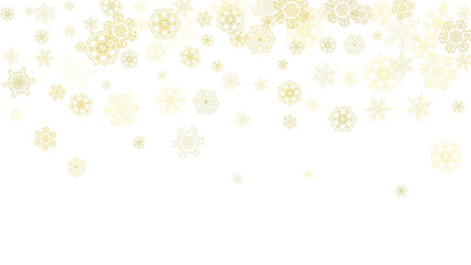 Fototapeta premium Glitter snowflakes frame on white horizontal background. Shiny Christmas and New Year frame for gift certificate, ads, banners, flyers. Falling snow with golden glitter snowflakes for party invite